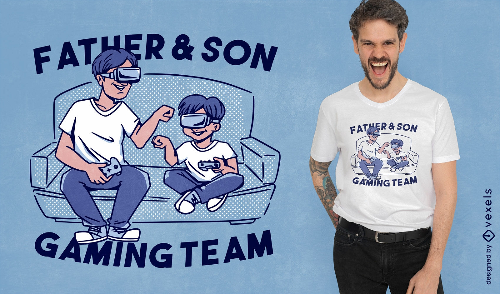 Diseño de camiseta de padre e hijo jugando videojuegos.