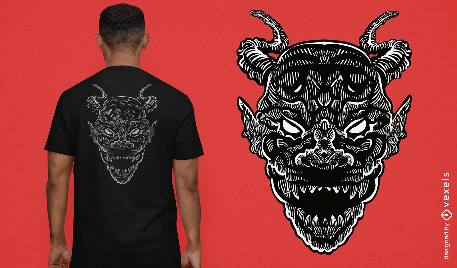 Diseño de camiseta de cabeza de monstruo demonio con cuernos