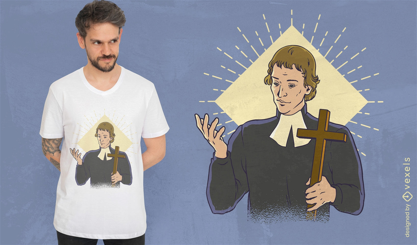 Sacerdote cristiano con diseño de camiseta cruzada.