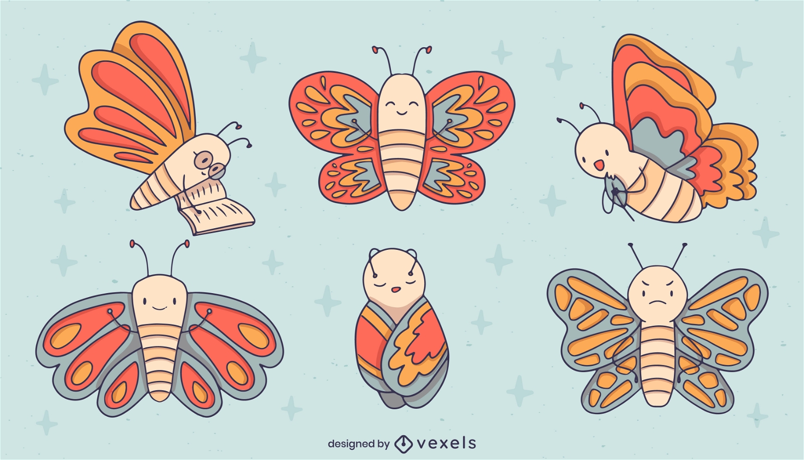 Conjunto de poses de dibujos animados lindo insecto mariposa