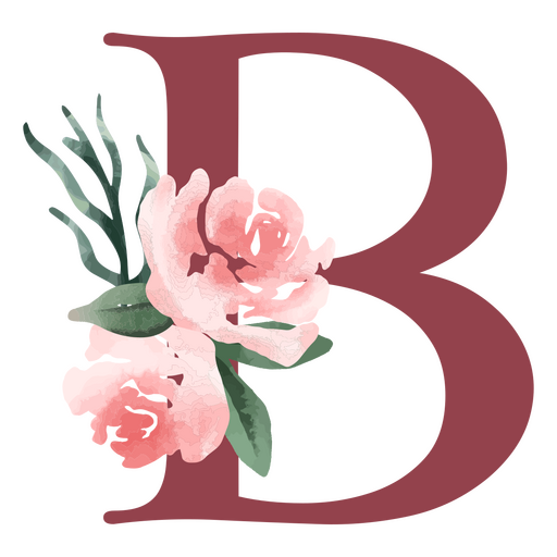 La letra b con flores rosas y hojas. Diseño PNG