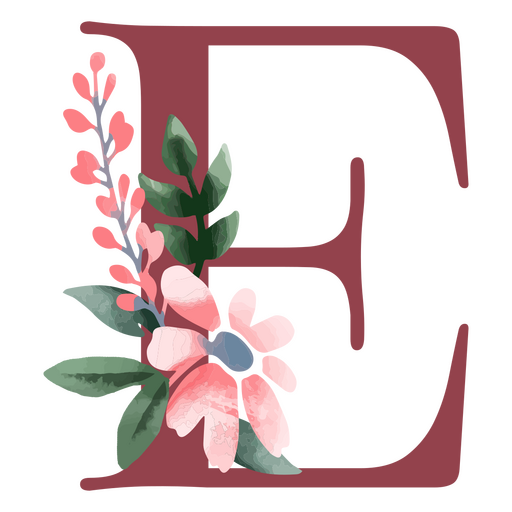 Der Buchstabe e mit Blumen und Blättern PNG-Design