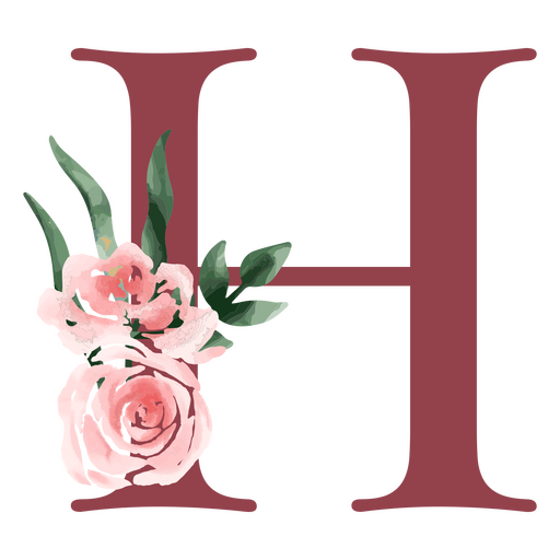 La letra h con flores rosas y hojas. Diseño PNG