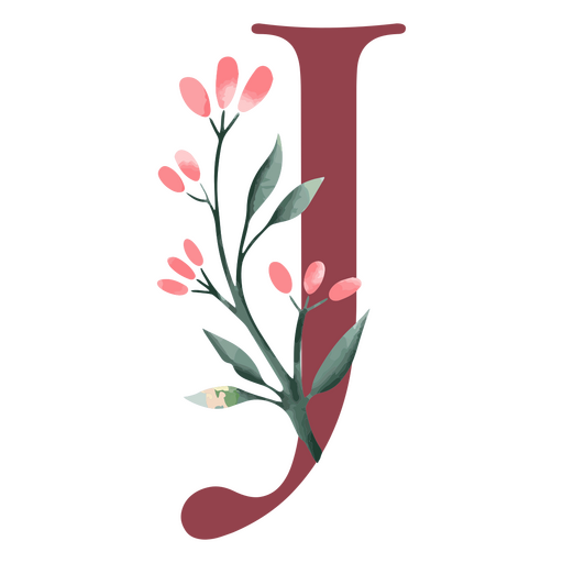 La letra j con flores rosas y hojas. Diseño PNG