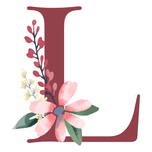 La letra l con flores y hojas. Diseño PNG