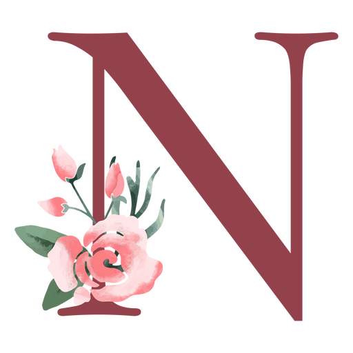 La letra n con flores rosas y hojas. Diseño PNG