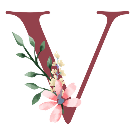 La letra v con flores y hojas. Diseño PNG