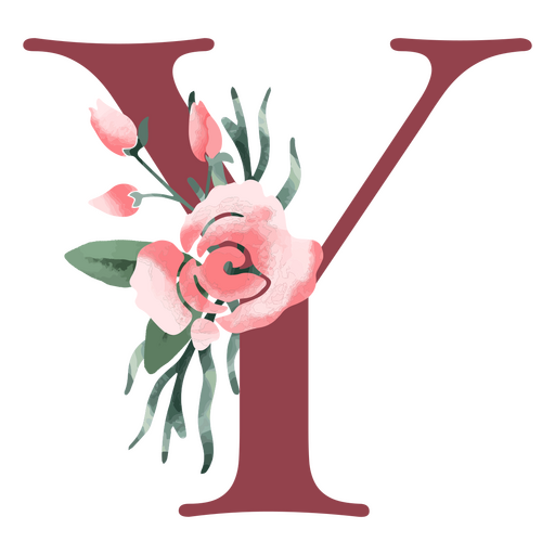 La letra y con flores rosas y hojas. Diseño PNG