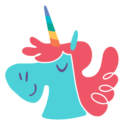 Unicornio azul y rosa con melena de arcoiris. Diseño PNG