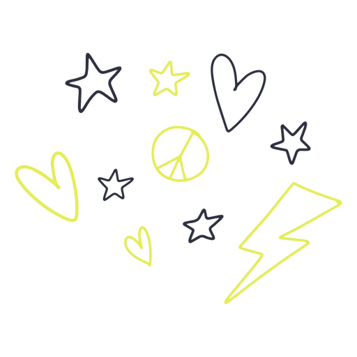 Fondo negro con estrellas, corazones y signos de paz. Diseño PNG