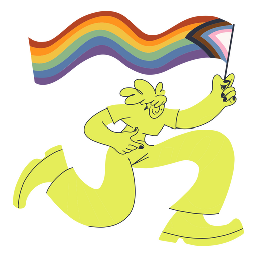 Personaje de dibujos animados corriendo con una bandera del arco iris Diseño PNG