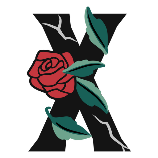 La letra x con una rosa y hojas. Diseño PNG