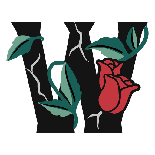 La letra w con rosas rojas y hojas. Diseño PNG