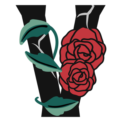 A letra v com rosas vermelhas e folhas Desenho PNG