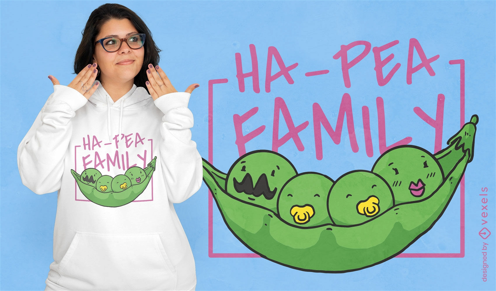 Diseño de camiseta de dibujos animados de familia de vegetales de guisantes
