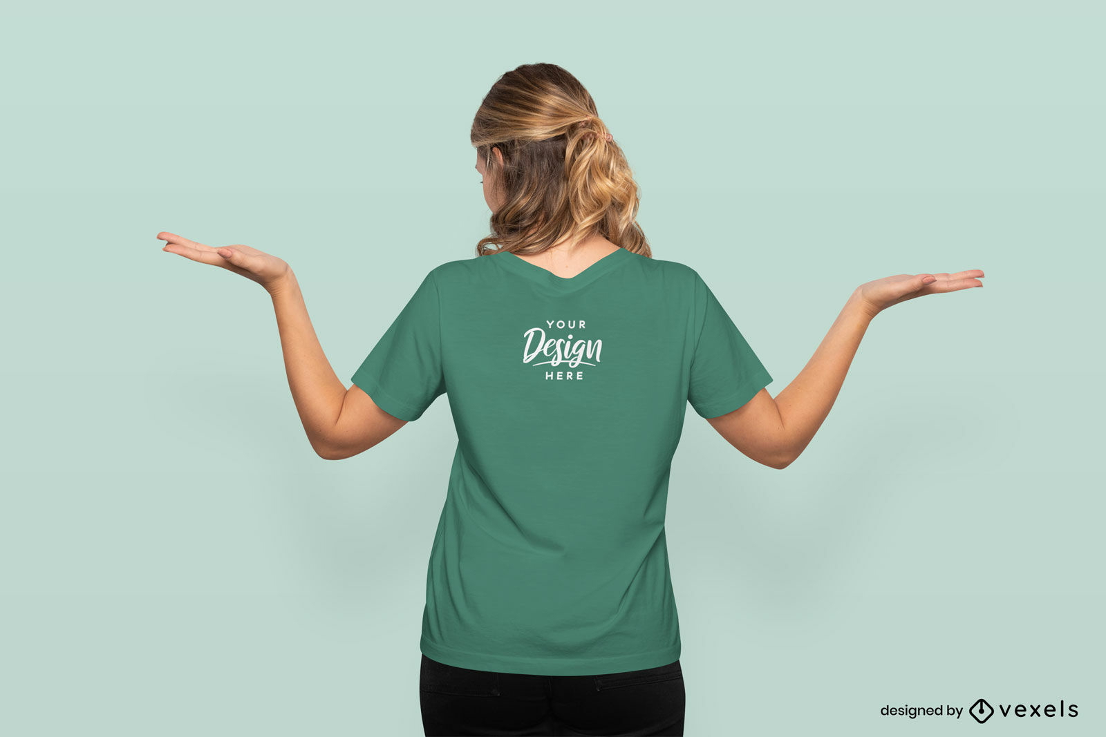 Blonde woman standing backwards t-shirt mockup