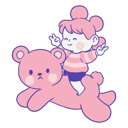 Linda garota montando um ursinho de pelúcia rosa Desenho PNG