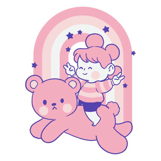 Girl riding a pink teddy bear with a rainbow PNG Design