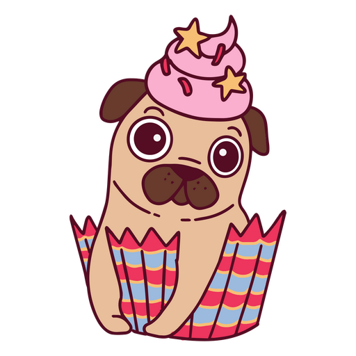 Pug dog wearing a cupcake hat PNG Design