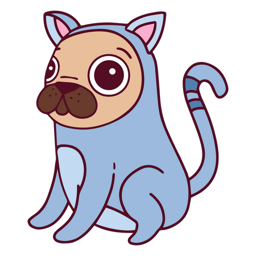 Pug de dibujos animados con un disfraz de gato sentado Diseño PNG