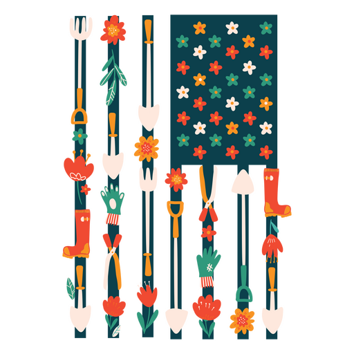 Bandera americana con herramientas de jardiner?a y flores. Diseño PNG