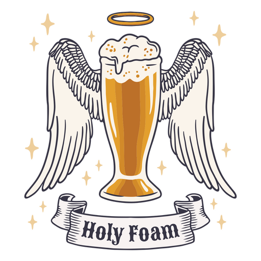 Beer glass with wings and the word holy foam PNG Design