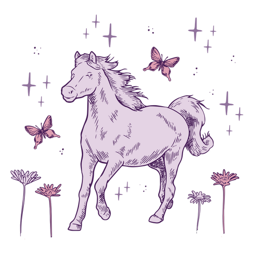 Cavalo branco com borboletas e flores Desenho PNG