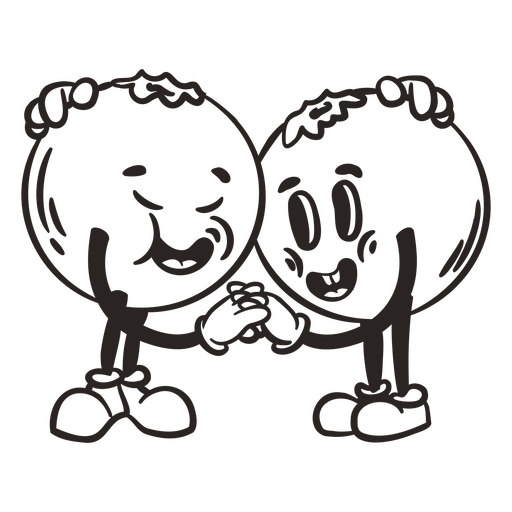 Caricatura en blanco y negro de dos frutas tomados de la mano Diseño PNG