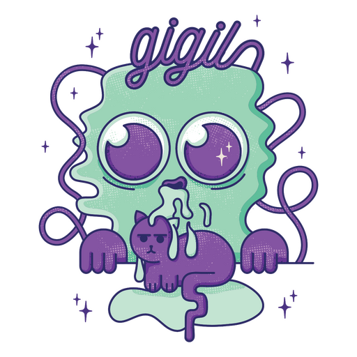 Cartoon of a green and purple monster with a cat on it PNG Design