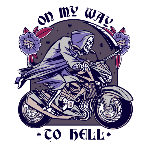 Esqueleto conduciendo una motocicleta con flores. Diseño PNG