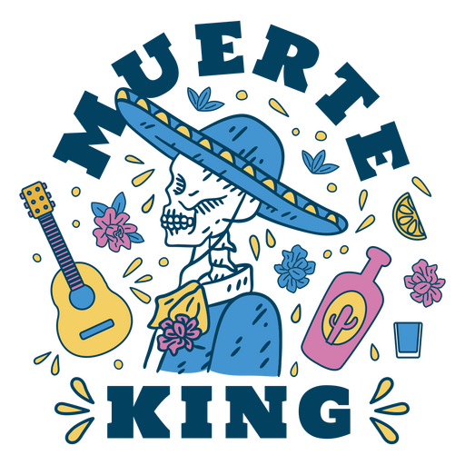 Esqueleto mexicano con guitarra y otros s?mbolos mexicanos. Diseño PNG