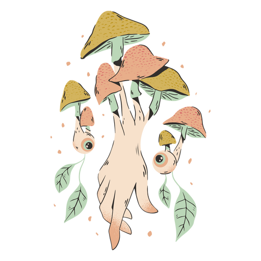 Mão com cogumelos e folhas nele Desenho PNG