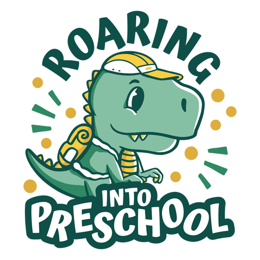 Dinosaurio con las palabras rugiendo en preescolar. Diseño PNG