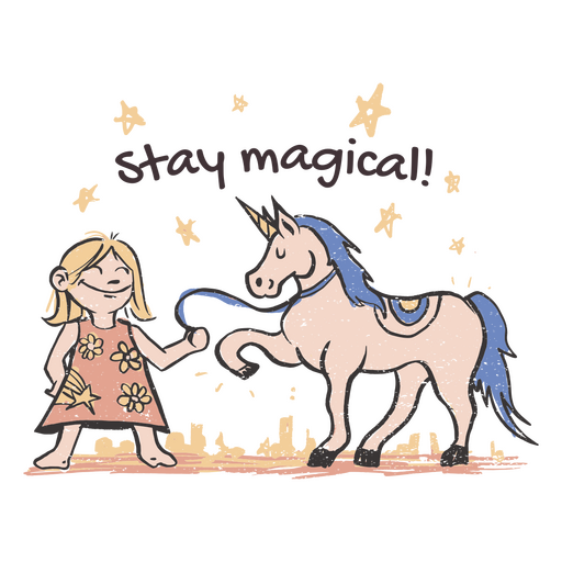 La chica está parada junto a un unicornio con las palabras "mantente mágico". Diseño PNG