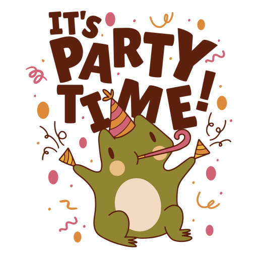 Frosch mit Partyhut und der Aufschrift ?It&#39;s Party Time?. PNG-Design