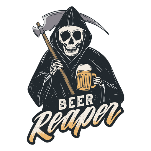Camiseta ceifadora de cerveja com esqueleto segurando uma foice Desenho PNG