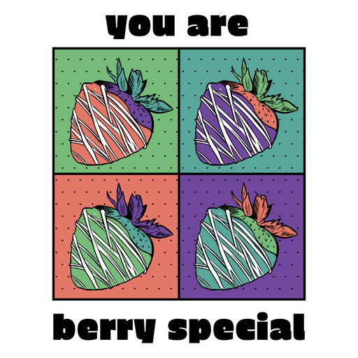 Conjunto de cuatro fresas coloridas sobre un fondo cuadrado Diseño PNG
