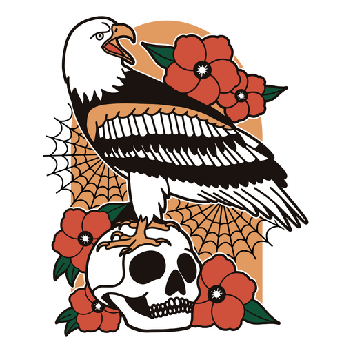 Águia em cima de uma caveira com flores Desenho PNG