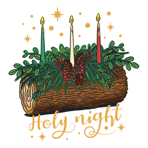 Christmas log with candles and the words holy night PNG Design