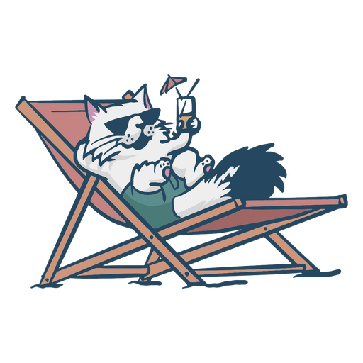 Gato sentado em uma cadeira de praia com uma bebida Desenho PNG