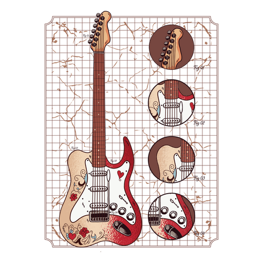 Drawing of a guitar with different parts on it PNG Design