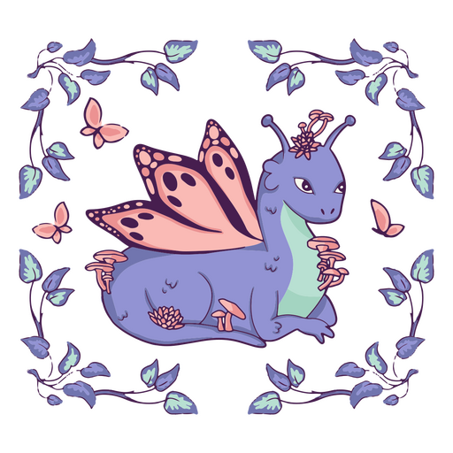 Drag?n azul y morado con mariposas y hojas. Diseño PNG