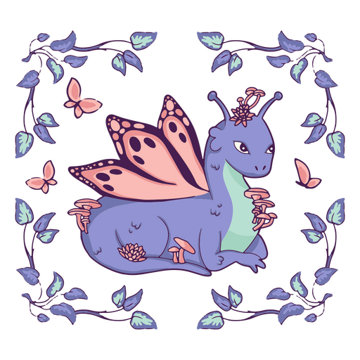 Dragão azul e roxo com borboletas e folhas Desenho PNG