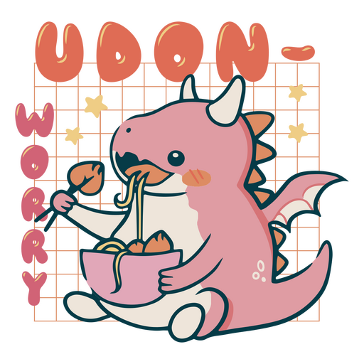 Pink dragon eating noodles with the words udon worry PNG Design