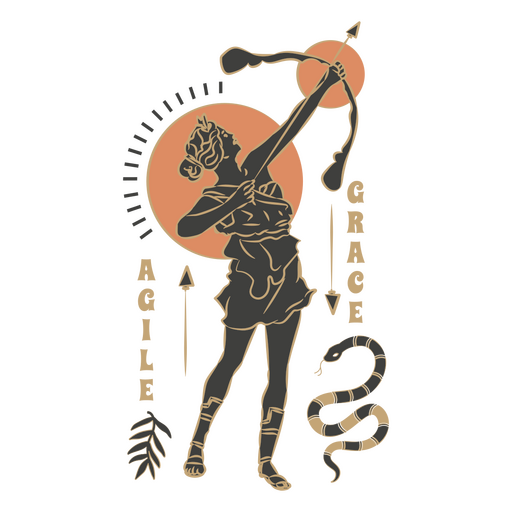 Woman with a bow and arrow is holding a snake PNG Design