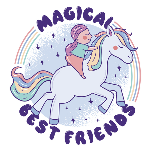 Mädchen reitet auf einem Einhorn mit den Worten ?magische beste Freunde?. PNG-Design