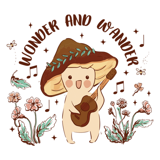 Mushroom with a guitar and flowers PNG Design