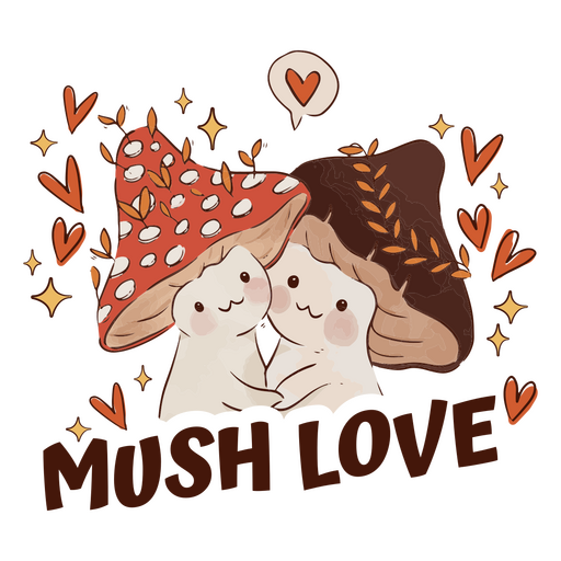 Zwei Kawaii-Pilze mit der Aufschrift Mush Love PNG-Design