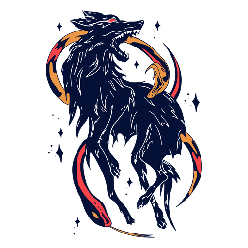 Black and blue wolf with a red and orange tail PNG Design