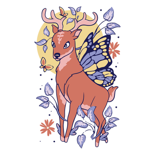 Deer with wings and flowers in front of a full moon PNG Design